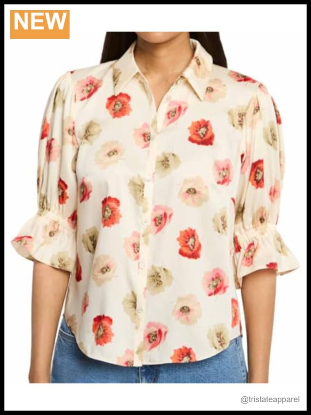 Blouse with Floral Print Point Collar Puff Sleeves Flowy Fit